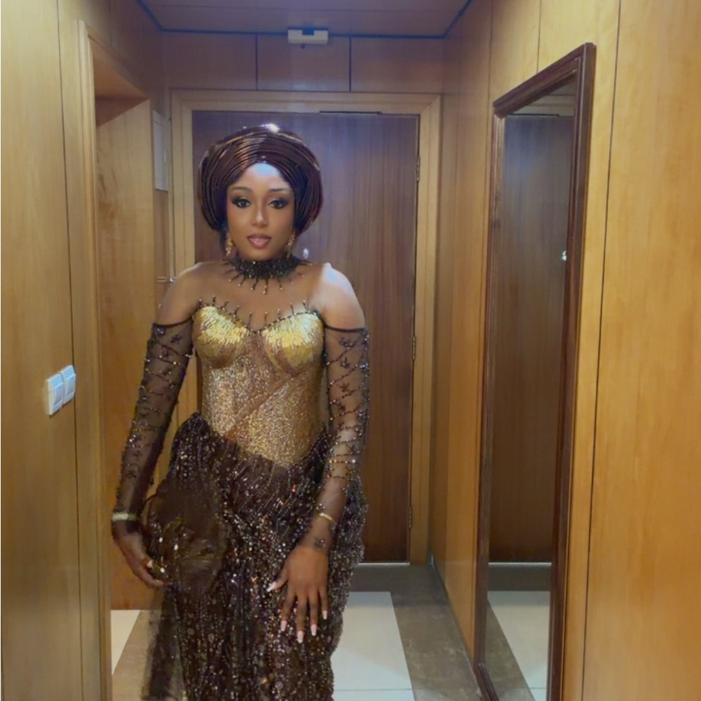 Gold and Brown hand Beaded Strapless